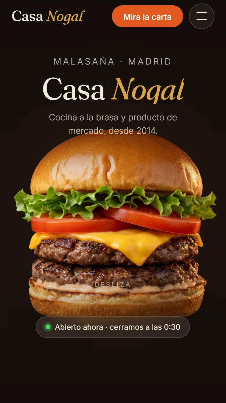 Portada de Casa Nogal con una hamburguesa a toda pantalla